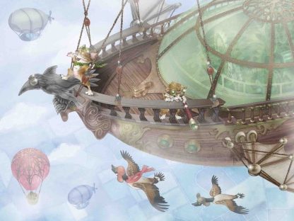 Kids Airship Wallpaper is a cute wall mural of an airship kitten adventure in clouds with hot air balloons and zeppelins from About Murals.