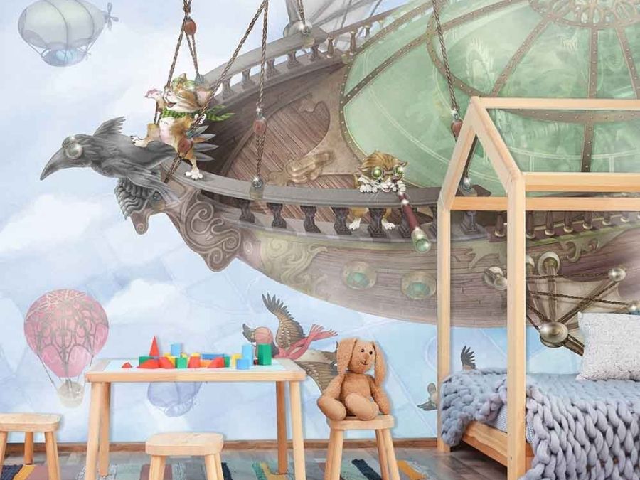 Kids Airship Wallpaper, as seen on the wall of this bedroom, is a mural with cats on a flying ship in the sky among hot air balloons and zeppelins from About Murals.