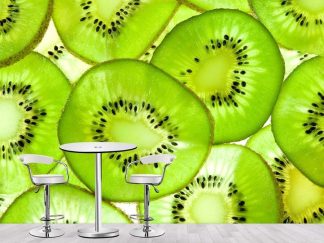 Kiwi Wallpaper, as seen on the wall of this restaurant dining room, is a photo mural of large green fruit slices from About Murals.