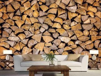 Log Wallpaper, as seen on the wall of this lumberjack living room, features cut firewood stacked in a pile from About Murals.