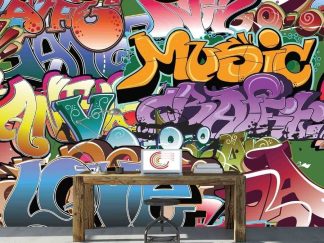 Music Graffiti Wallpaper, as seen on the wall of this graffiti themed room, is a mural with words like love and music in a colourful graffiti style from About Murals.