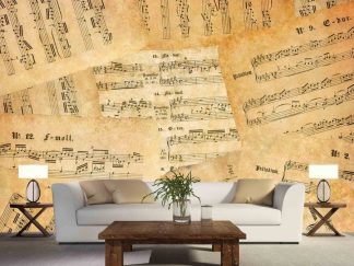 Music Sheet Wallpaper, as seen on the wall of this music themed living room, is a collage mural with vintage music notes on brown paper from About Murals.