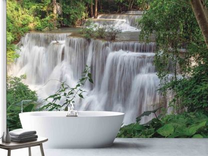 Nature Waterfall Wallpaper, as seen on the wall of this bathroom, is a photo mural of seven layers of cascading water in Huai May Khamin Waterfalls, Thailand from About Murals.