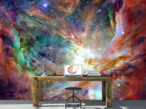 Nebula Wallpaper, as seen on the wall of this space themed office, features stars in blue, brown and purple clouds of dust in outer space from About Murals.