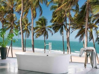 Palm Trees Wallpaper, as seen on the wall of this beach themed bathroom, is a photo mural of Ceara State Beach in Brazil from About Murals.