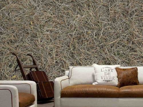 Pine Needle Wallpaper, as seen on the wall of this living room, is a high resolution photo mural of dry pine needles creating tons of texture from About Murals.