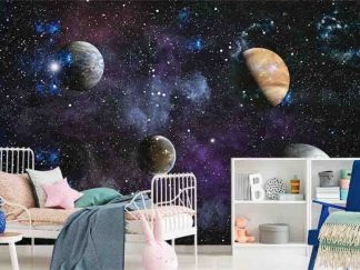 Planets Wallpaper, as seen on the wall of this space themed bedroom, is a mural with planets in a dark purple, star studded sky from About Murals.