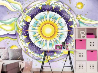 Purple Mandala Wallpaper, as seen on the wall of this kids room, is a mural with circular pattern surrounding the sun, stars and planets from About Murals