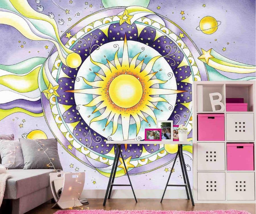 Purple Mandala Wallpaper, as seen on the wall of this kids room, is a mural with circular pattern surrounding the sun, stars and planets from About Murals