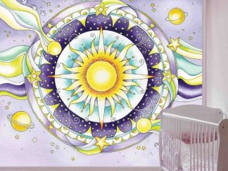 Purple Mandala Wallpaper, as seen on the wall of this nursery, is a spiritual mural with a yellow sun, star, planets and hearts on a circle background from About Murals.