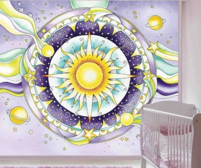Purple Mandala Wallpaper, as seen on the wall of this nursery, is a spiritual mural with a yellow sun, star, planets and hearts on a circle background from About Murals.
