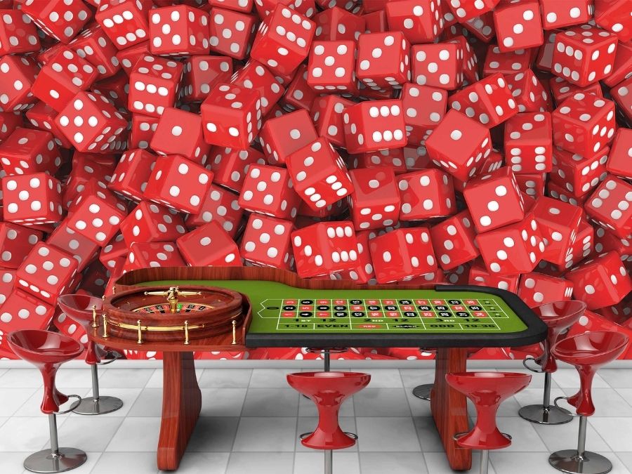 Red Dice Wallpaper, as seen on the wall of this casino man cave, is a photo mural of playing dice from About Murals.