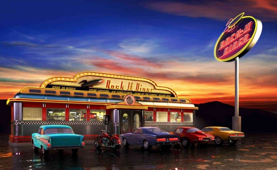 Retro Diner Wallpaper is an old car mural with a 57 Chevy, Ford Mustang Fastback, 1964 Corvette, Camaro and Harley Davidson parked at a 50s American Diner at night under neon signs from About Murals.