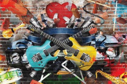 Rock Graffiti Wallpaper is a guitar graffiti mural with an old car, saxophone, drum, microphone and maraca painted on a brick wall from About Murals.