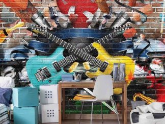 Rock Graffiti Wallpaper, as seen on the wall of this guitar themed kids room, is a mural with two electric guitars crossed over a vintage car with instruments like a drum, saxophone and maraca painted on a broken brick wall from About Murals.