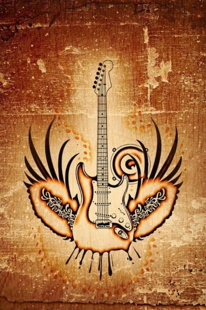 Rock Guitar Wallpaper is an instrument mural of a black guitar with wings on a burnt, brown backdrop from About Murals.