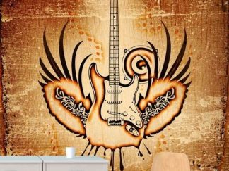 Rock Guitar Wallpaper, as seen on the wall of this music themed room, is a music mural with a grunge winged guitar on a brown background from About Murals.