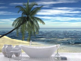 Sea Landscape Wallpaper, as seen on the wall of this ocean beach themed bathroom, is a photo mural of a paradise island from About Murals.