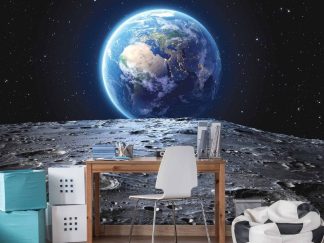 Space Earth Wallpaper, as seen on the wall of this space themed room, is a mural with views of the earth from the moon from About Murals.