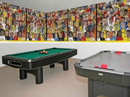 Sports Fans Wallpaper, as seen on the wall of this billiards hall, is a wall mural of a crowd cheering in a hockey stadium from About Murals.