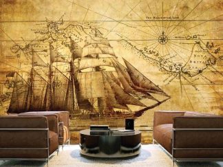 Tall Ship Wallpaper, as seen on the wall of this boat themed living room, is a mural of a vintage ship on an old map showing Nova Britannia and Nova Guinea from About Murals.