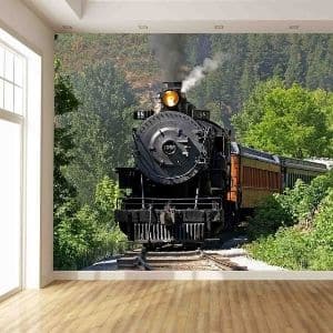 Shop wallpaper, like this transportation mural in a living room, from About Murals.