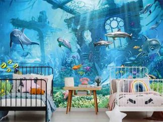 Underwater Wallpaper, as seen on the wall of this Atlantis themed bedroom, is a kids mural with dolphins, fish, starfish, jellyfish and turtles swimming near Atlantis the Lost City from About Murals.