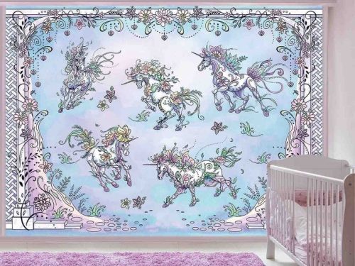 Unicorn Wallpaper, as seen on the wall of this unicorn room, is a mural with five beautiful unicorns covered in flowers prancing on a pastel blue background from About Murals.