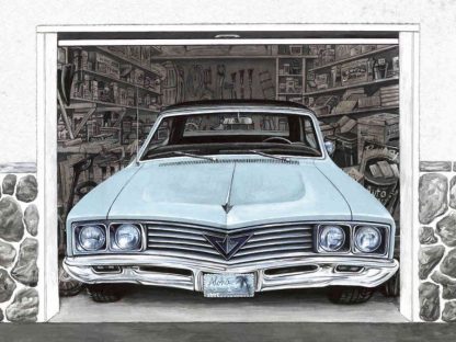 Vintage Car Wallpaper, formerly named "My Old Car", features a blue muscle car parked in a home's garage from About Murals.