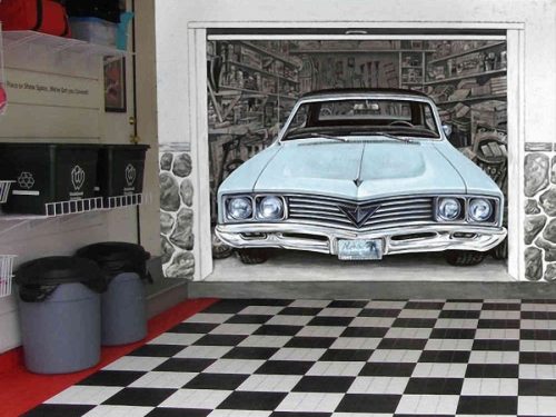 Vintage Car Wallpaper, as seen on the wall of this garage, is a transportation mural of a blue 1967 Chevrolet Chevelle parked in a garage from About Murals.