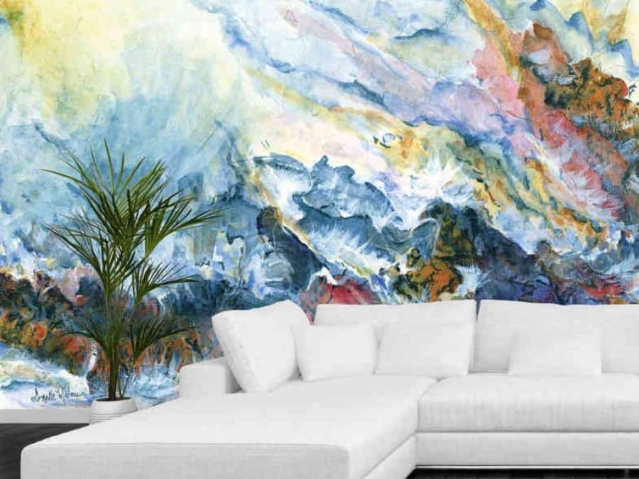 Watercolor Ocean Wallpaper, as seen on the wall of this living room, is a mural with the impression of stormy waves crashing against rocks on the shore from About Murals.