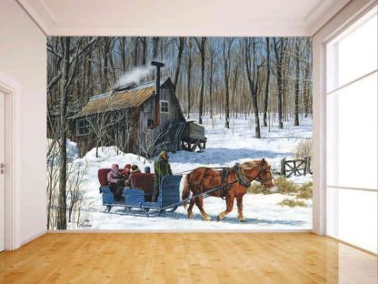 Winter Cabin Wallpaper, as seen on the wall of this horse themed room, features people in a horse drawn carriage near a cottage in a sugar maple tree forest from About Murals.