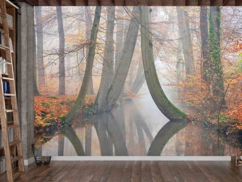 Autumn River Wallpaper, as seen on the wall of this room, is a photo mural of orange fall trees reflected in water against a foggy background from About Murals.