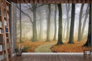 Autumn Road Wallpaper, as seen on the wall of this room, is a photo mural of a paved path winding through a fall forest with a foggy background from About Murals.