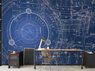 Blueprint Wallpaper, as seen on the wall of this engineering room, is a mural with white schematic drawings on a blue background from About Murals.