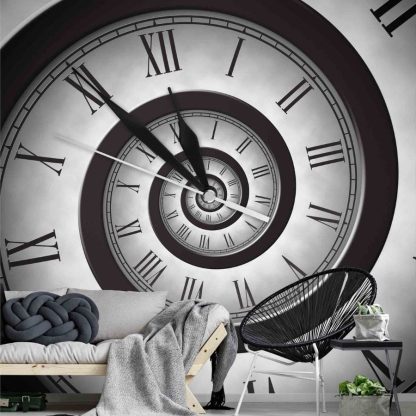 Clock Wallpaper, as seen on the wall of this time themed living room, is a black and white mural of a spiral clock with roman numerals from About Murals.
