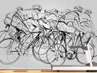 Cycling Wallpaper, as seen on the wall of this home gym, is a black and grey abstract mural with road bicycles competing in a bike race from About Murals.