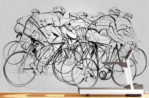 Cycling Wallpaper, as seen on the wall of this home gym, is a black and grey abstract mural with road bicycles competing in a bike race from About Murals.