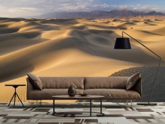 Dunes Wallpaper, as seen on the wall of this desert themed living room, is a photo mural of a beautiful but dry landscape that could be the Sahara or Dubai from About Murals.