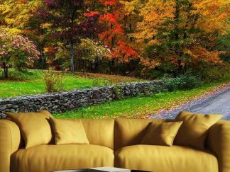 Fall Road Wallpaper, as seen on the wall of this living room, is a photo mural of red and orange trees near a country road in autumn from About Murals.