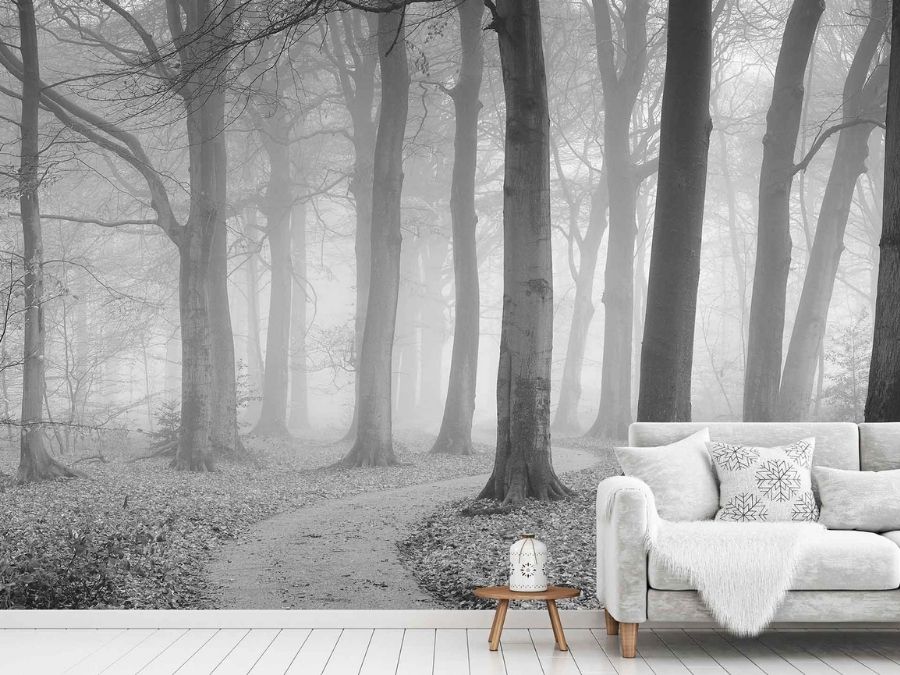 Gray Forest Wallpaper, as seen on the wall of this living room, is a black and white photo mural of the winding path in a foggy forest from About Murals.