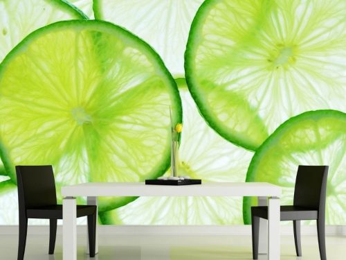 Green Lime Wallpaper, as seen on the wall of this dining room, is a fruit photo mural of large, backlit lime slices from About Murals.