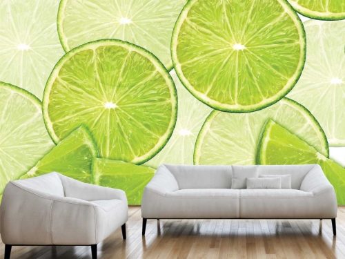 Lime Wallpaper, as seen on the wall of this living room, is a fruit mural of large, green lime slices from About Murals.