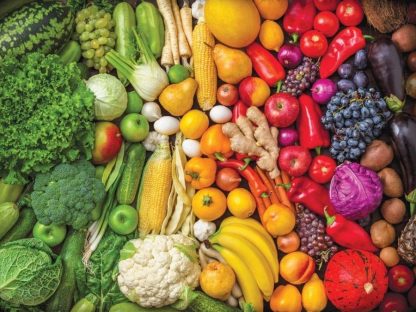 Vegetable Wallpaper is a rainbow colored photo mural of healthy fruits and veggies like broccoli, kale, apples, eggplant and more from About Murals.