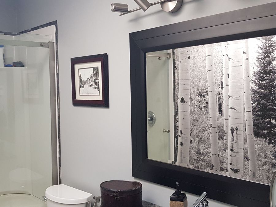 Aspen Wallpaper, as seen on the wall of this powder room, is a black and white photo mural of tall Aspen trees and one pine tree in a forest from About Murals.
