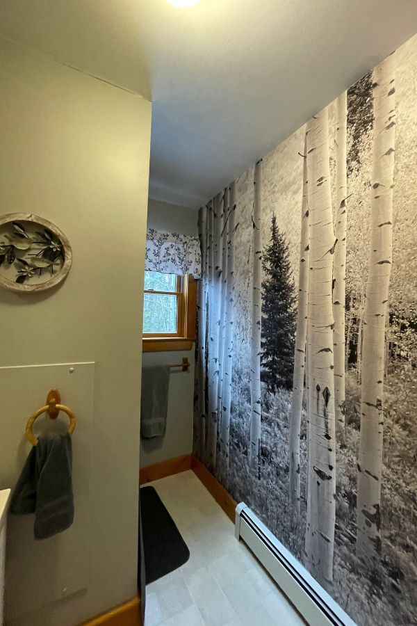 Aspen Wallpaper, as seen on the wall of this rustic bathroom, is a black and white photo mural of tall aspen trees in a forest, along with one pine tree in the middle, from About Murals.