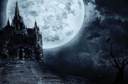 Dark Castle Wallpaper is a kids mural of a medieval castle lit by a full moon under a starry night sky from About Murals.