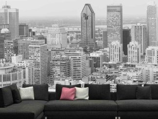 Montreal Skyline Wallpaper, as seen on the wall of this living room, is a black and white photo mural of skyscrapers and high rise buildings in Quebec from About Murals.