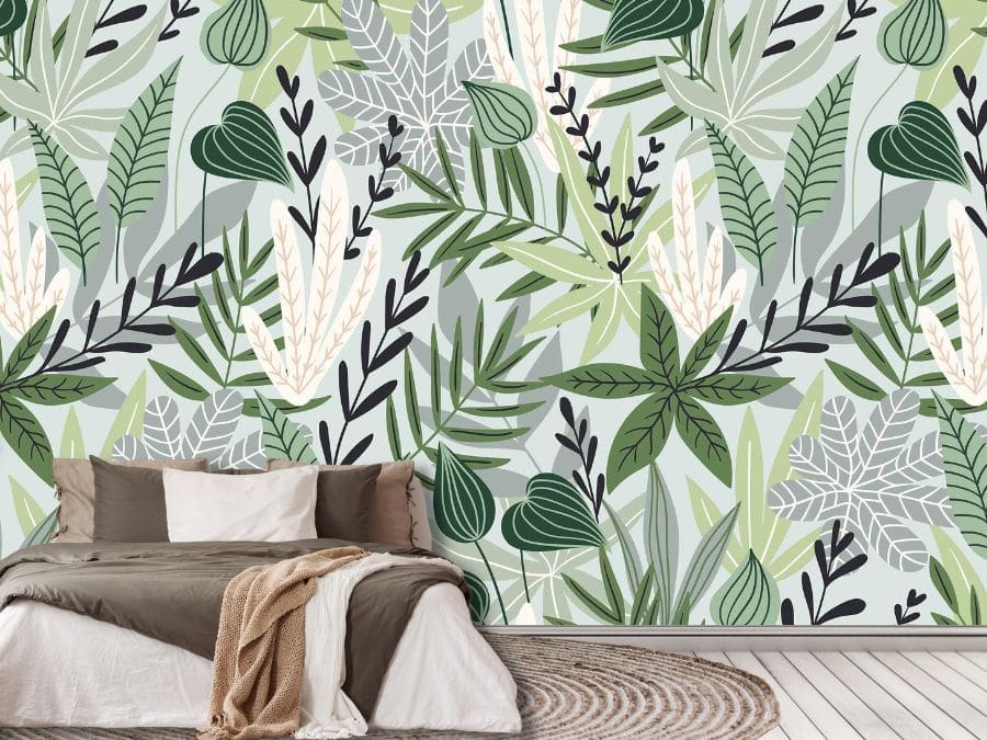 Tropical Leaf Wallpaper, as seen on the wall of this bedroom, is a wall mural with large green banana leaves and palm leaves on a white background from About Murals.