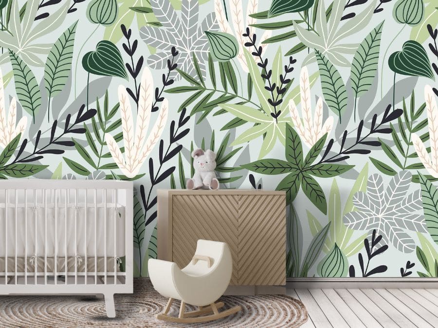 Tropical Leaf Wallpaper, as seen on the wall of this nursery, is a wall mural with green leaves in a line drawing design on a white background from About Murals.